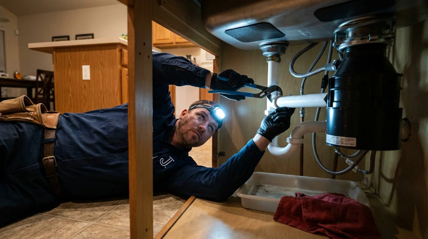 P-trap and supply line connections under a kitchen sink showing a common leak point in Chelsea, AL
